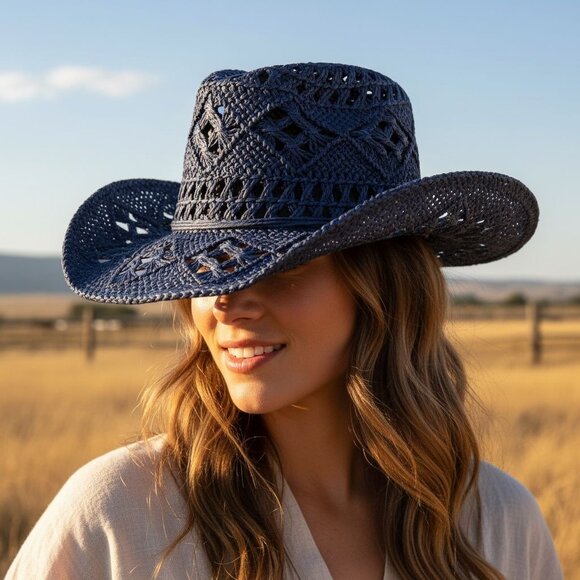 Blue Straw Cowboy Hat Rolled Brim One Size Western Cowgirl Beach - Picture 2 of 7